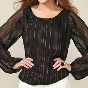 Rachel Zoe Silk Black Gold Stripe Semi Sheer Blouse 8 NEW